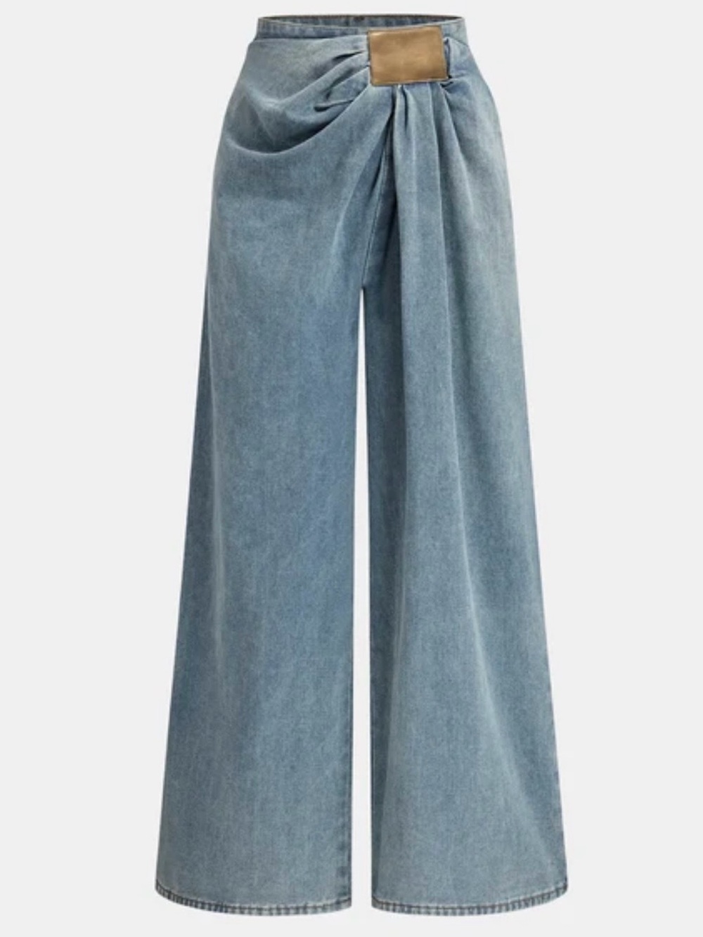 Commense Light Blue Wide-Leg Draped Denim Jeans with Tan Patch